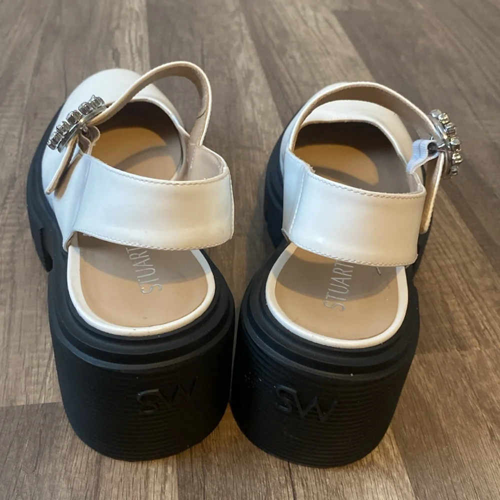 Stuart Weitzman White Mary Jane Platform Shoes with Black Lug Sole